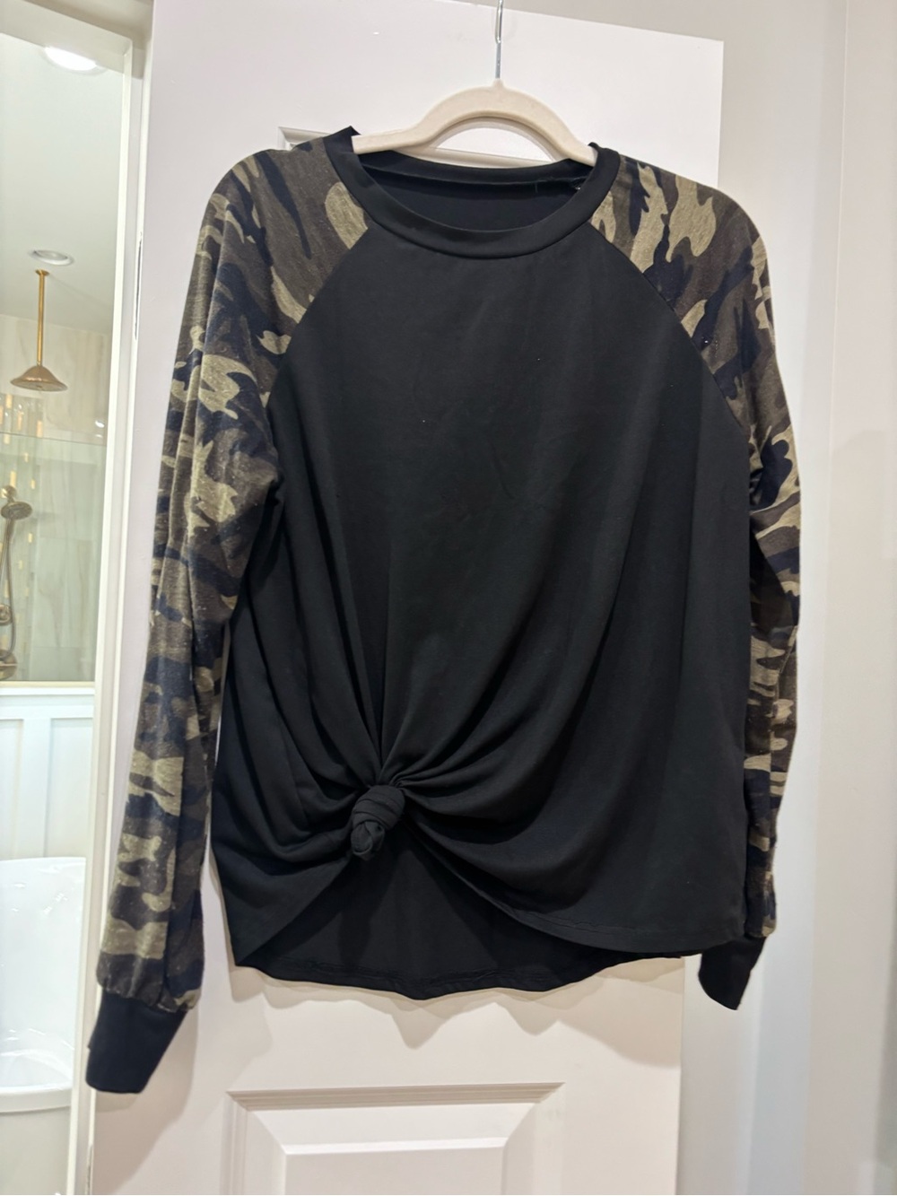 Black Raglan Camo-Sleeve Long-Sleeve Top with Front Twist